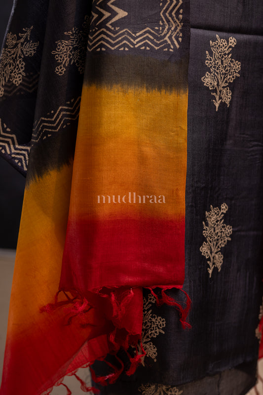NAVY-YELLOW HAND BLOCK PRINTED TUSSAR SUIT