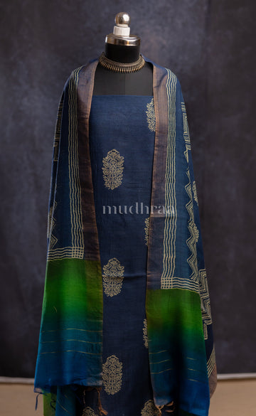 BLUE- GREEN HAND BLOCK PRINTED TUSSAR SUIT