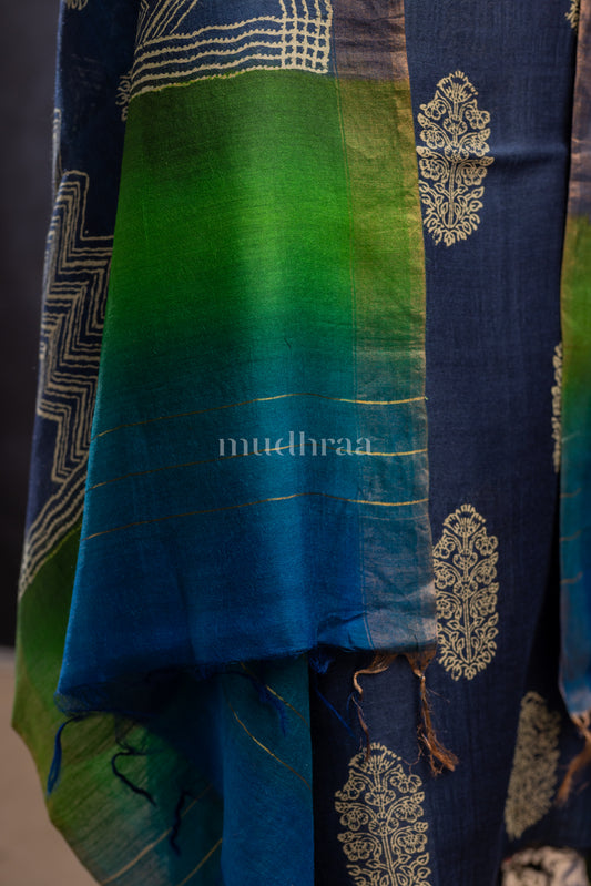 BLUE- GREEN HAND BLOCK PRINTED TUSSAR SUIT