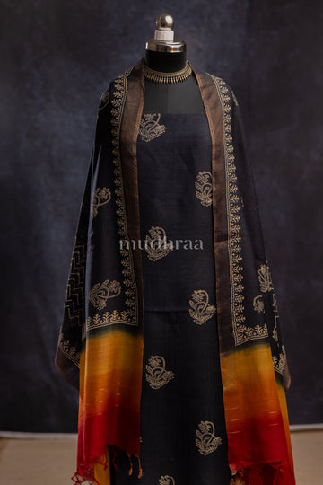 MIDNIGHT BLUE -YELLOW HAND BLOCK PRINTED TUSSAR SUIT