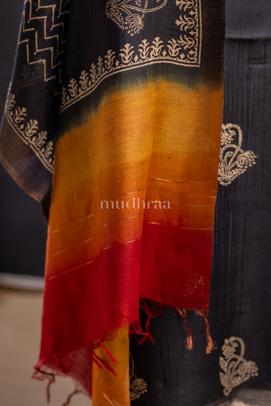 MIDNIGHT BLUE -YELLOW HAND BLOCK PRINTED TUSSAR SUIT