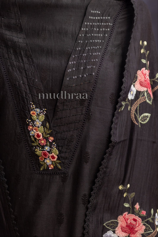 COAL CHANDERI EMBROIDERED SUIT SET