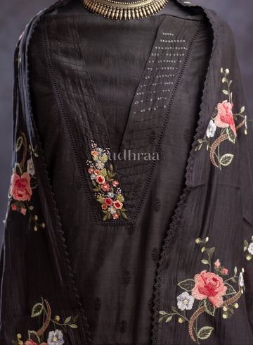 COAL CHANDERI EMBROIDERED SUIT SET