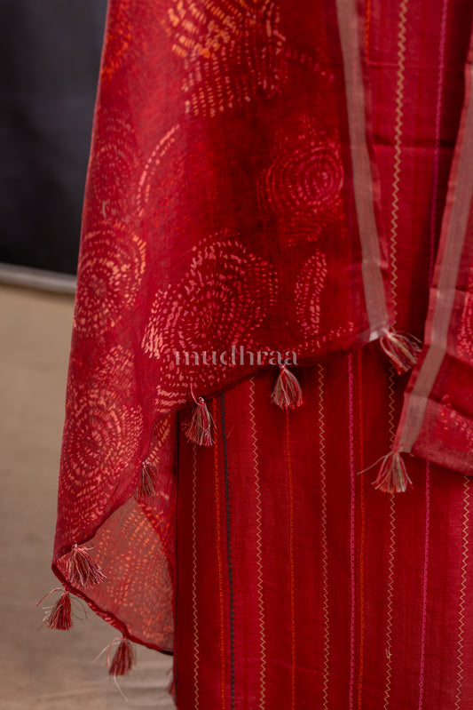 DEEP RED KANTHA LINEN SUIT SET