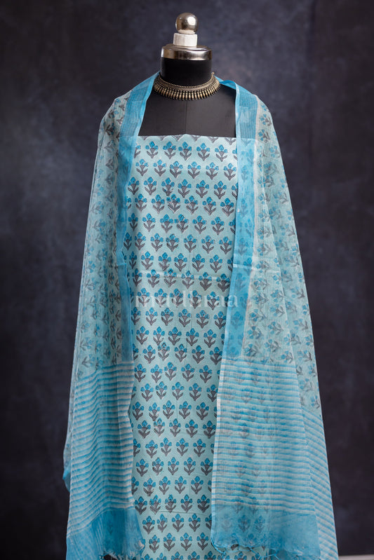 SKY BLUE HANDBLOCK PRINTED COTTON SUIT SET