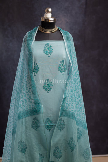 TEAL OMBRE COTTON HANDBLOCK PRINTED SUIT SET