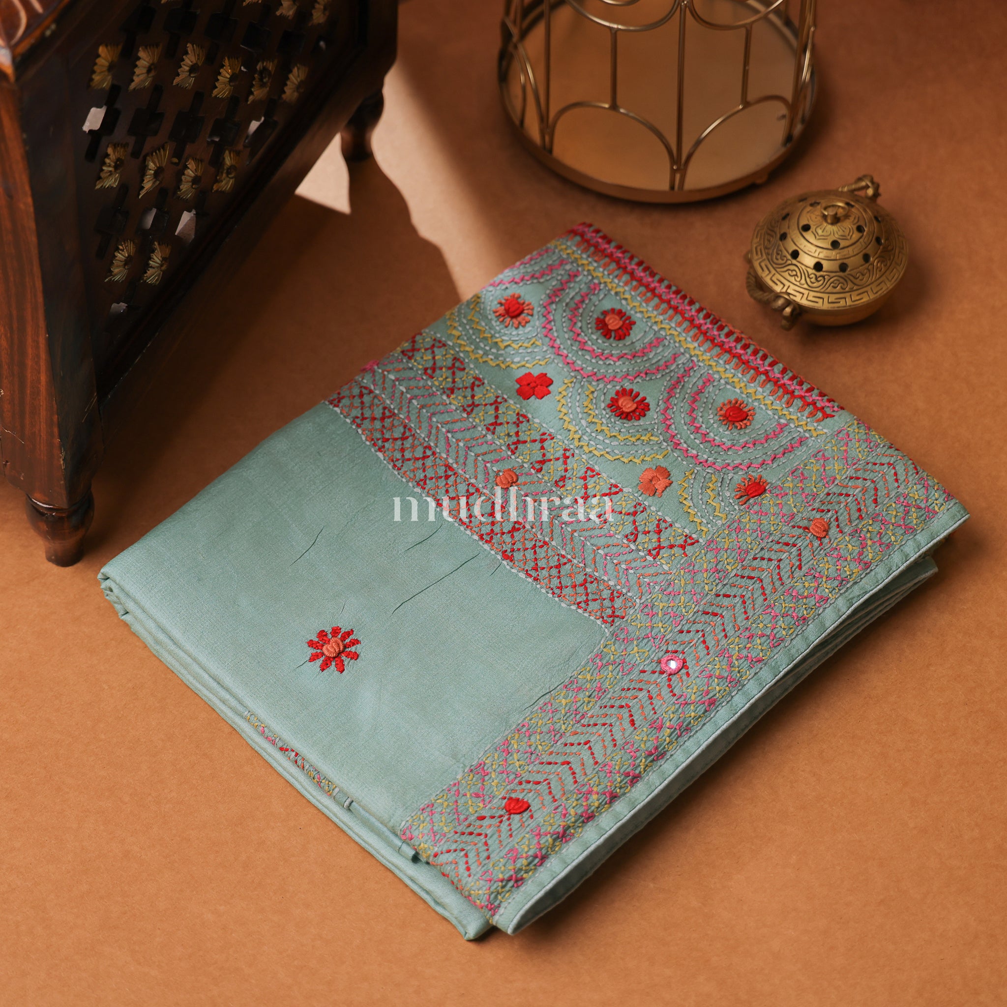 PASTEL AQUA GREEN LAMBANI EMBROIDERY TUSSAR SAREE