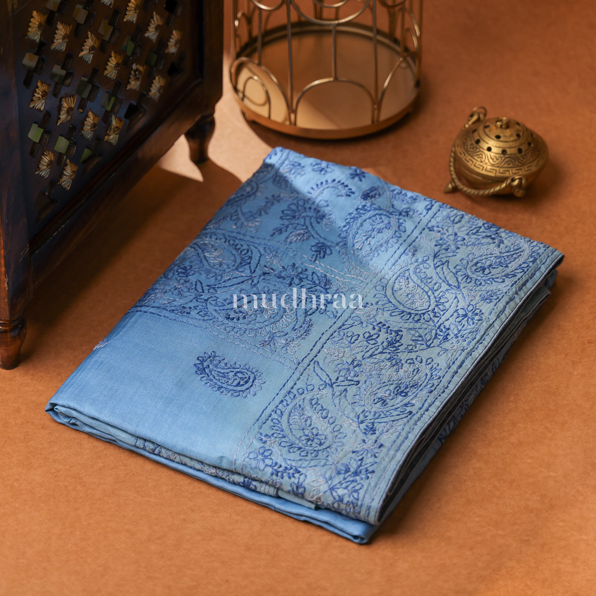 ICE BLUE CHIKANKARI TUSSAR SAREE