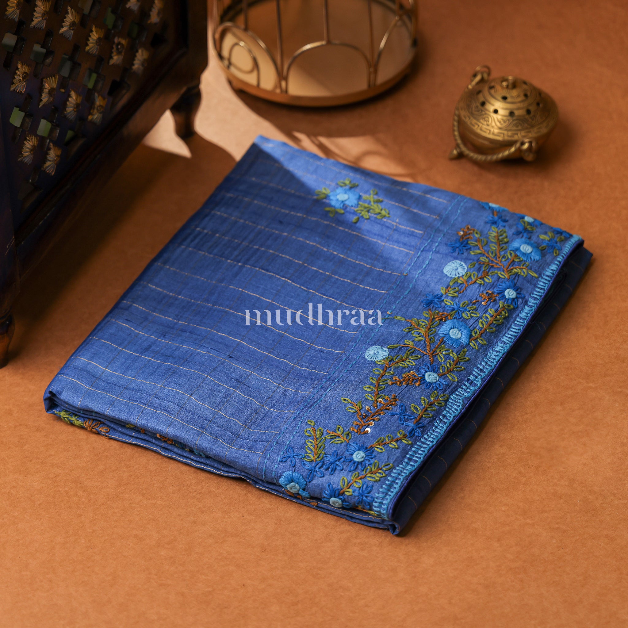 COBALT BLUE ZARI CHECKED FRENCH KNOT TUSSAR SAREE
