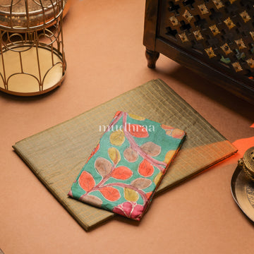 OLIVE ZARI-CHECKED TUSSAR SAREE (KALAMKARI BLOUSE)