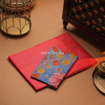 TOMATO RED ZARI-CHECKED TUSSAR SAREE (KALAMKARI BLOUSE)