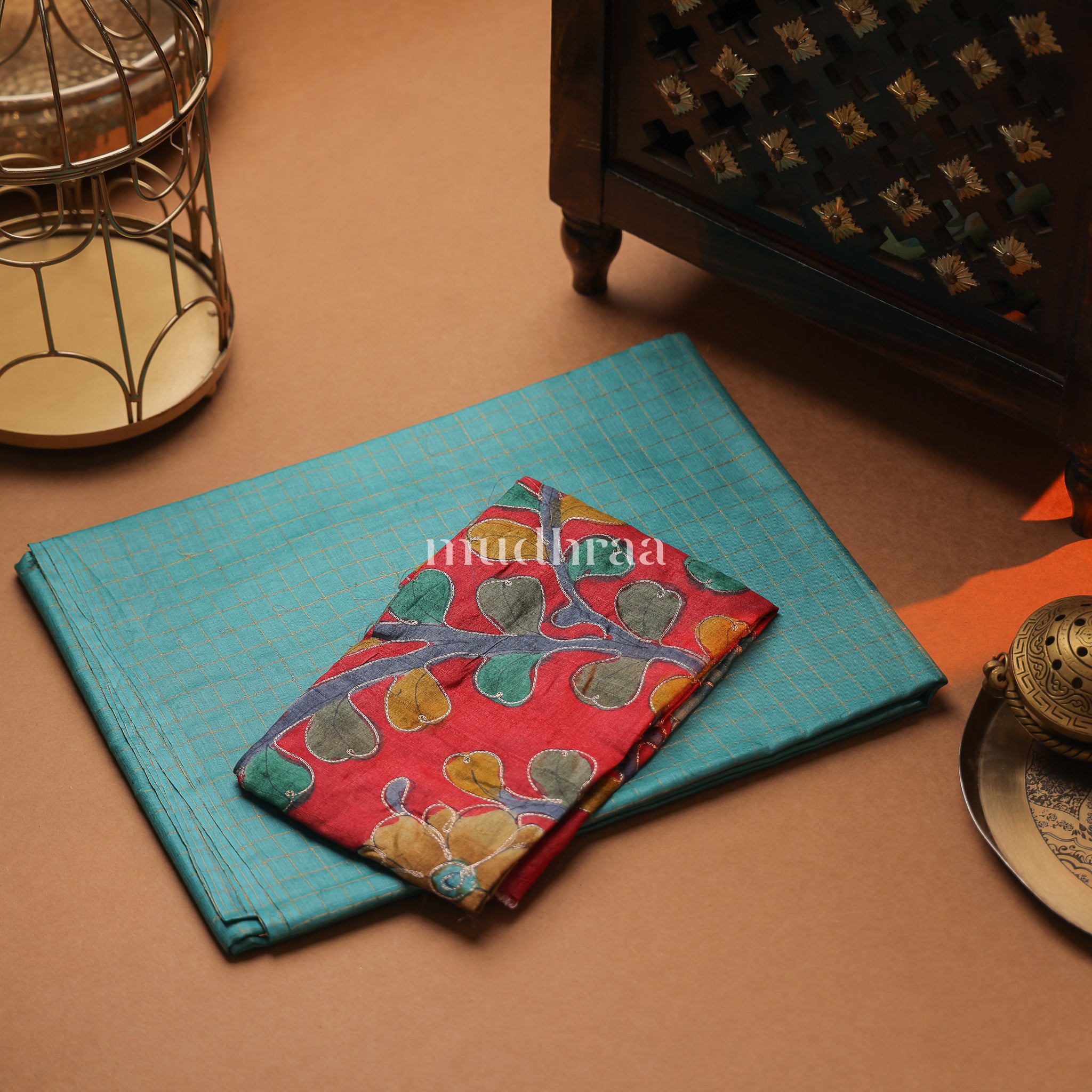 AQUA BLUE ZARI-CHECKED TUSSAR SAREE (KALAMKARI BLOUSE)