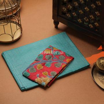 AQUA BLUE ZARI-CHECKED TUSSAR SAREE (KALAMKARI BLOUSE)