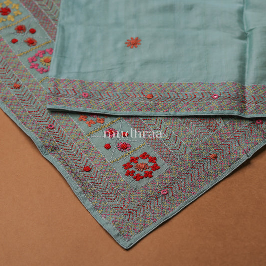 PASTEL AQUA GREEN LAMBANI EMBROIDERY TUSSAR SAREE