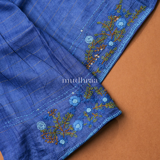 COBALT BLUE ZARI CHECKED FRENCH KNOT TUSSAR SAREE