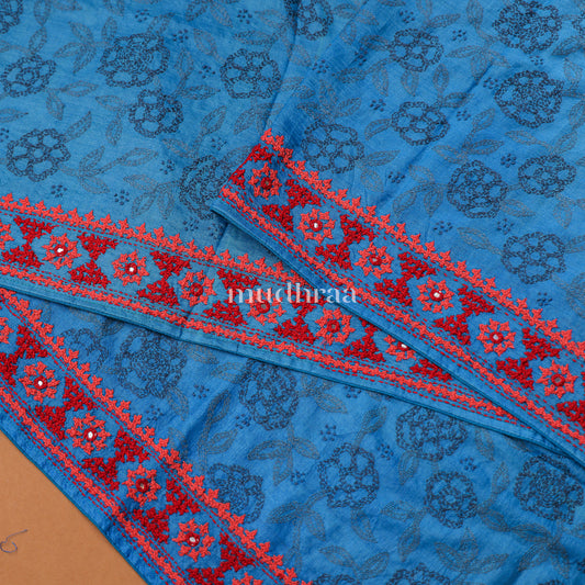 COBALT & RED KUTCH - KANTHA TUSSAR SAREEE