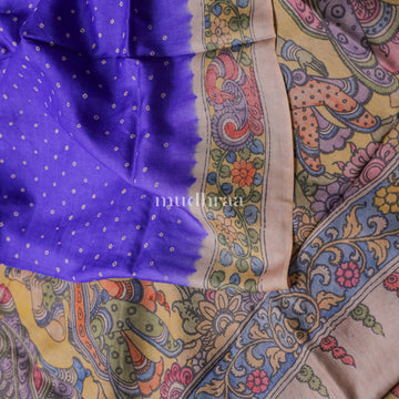 ROYAL BLUE BANDHANI KALAMKARI TUSSAR SAREE