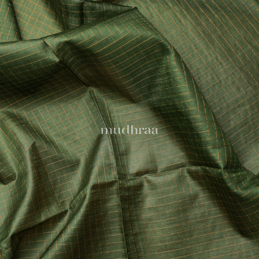 DARK GREEN ZARI-CHECKED TUSSAR SAREE (KALAMKARI BLOUSE)