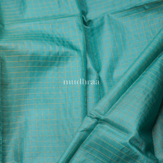 AQUA BLUE ZARI-CHECKED TUSSAR SAREE (KALAMKARI BLOUSE)