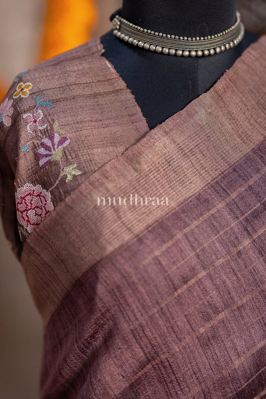 MOCHA EMBROIDERED TUSSAR SAREE