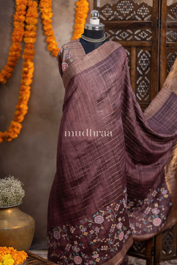 MOCHA EMBROIDERED TUSSAR SAREE