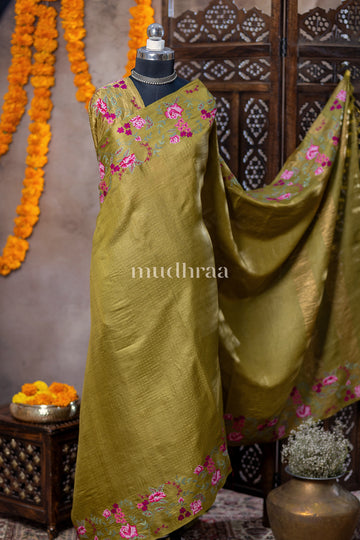 MOSS GREEN EMBROIDERED TUSSAR SAREE