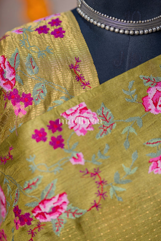 MOSS GREEN EMBROIDERED TUSSAR SAREE