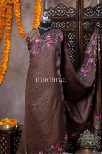 DARK OAK EMBROIDERED TUSSAR SAREE