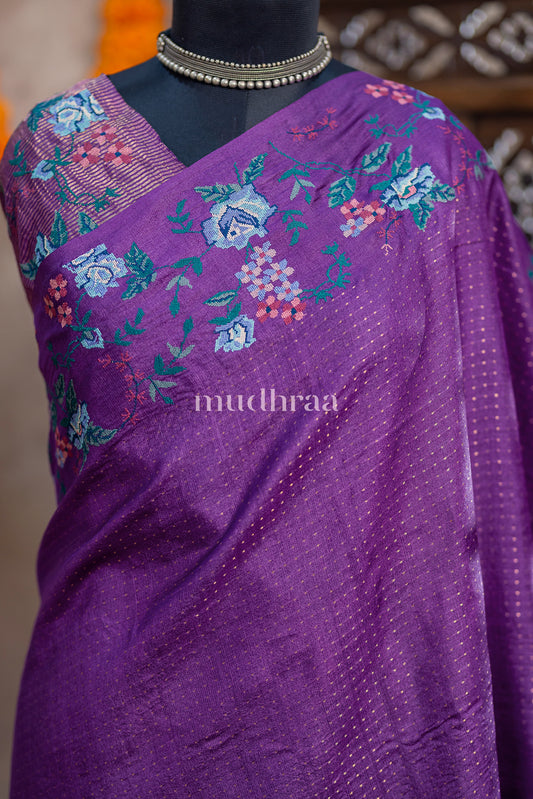VIVID PURPLE EMBROIDERED TUSSAR SAREE