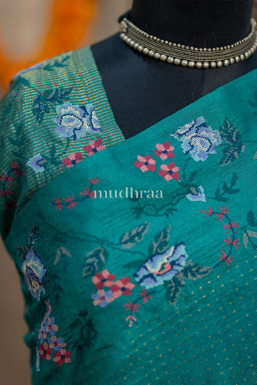 VIVID TEAL EMBROIDERED TUSSAR SAREE