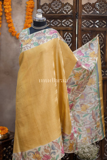 YELLOW & IVORY HANDPAINTED TUSSAR SAREE