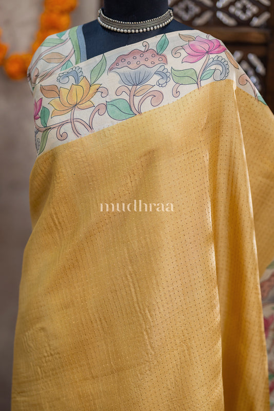YELLOW & IVORY HANDPAINTED TUSSAR SAREE