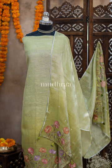 PISTA GREEN CLR LINEN TISSUE WITH EMB SUIT