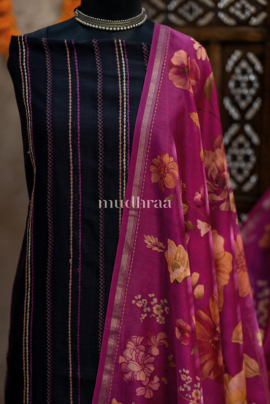 BLACK & RANI PINK KANTHA CHANDERI SUIT