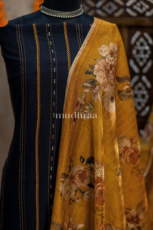 BLACK & YELLOW KANTHA CHANDERI SUIT