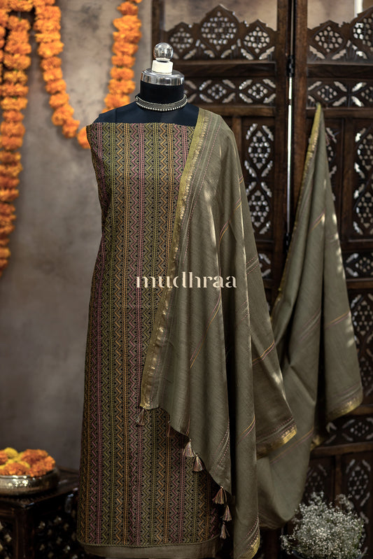 OLIVE GREEN HAND EMBROIDERED TUSSAR SUIT