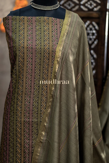 OLIVE GREEN HAND EMBROIDERED TUSSAR SUIT