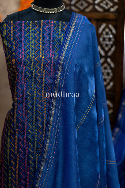 COBALT BLUE HAND EMBROIDERED TUSSAR SUIT
