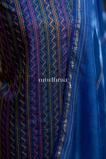COBALT BLUE HAND EMBROIDERED TUSSAR SUIT
