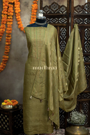 MEHENDI GREEN HAND EMBROIDERED TUSSAR SUIT