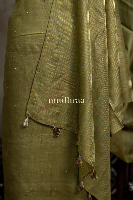 MEHENDI GREEN HAND EMBROIDERED TUSSAR SUIT