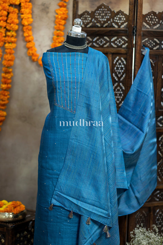 CERULEAN BLUE HAND EMBROIDERED TUSSAR SUIT