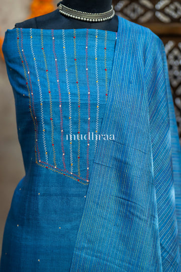 CERULEAN BLUE HAND EMBROIDERED TUSSAR SUIT