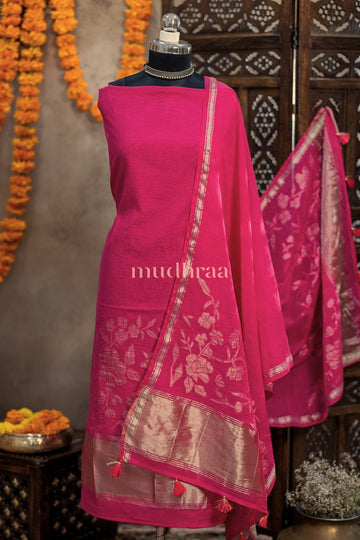 RANI PINK TISSUE APPLIQUE MUL CHANDERI SUIT SET