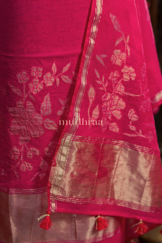 RANI PINK TISSUE APPLIQUE MUL CHANDERI SUIT SET