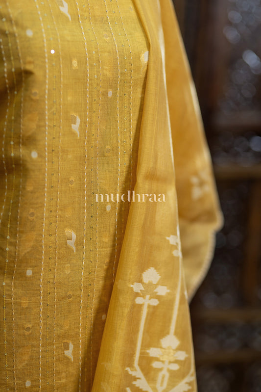 DAFFODIL YELLOW CHANDERI KANTHA JAMDANI SUIT SET