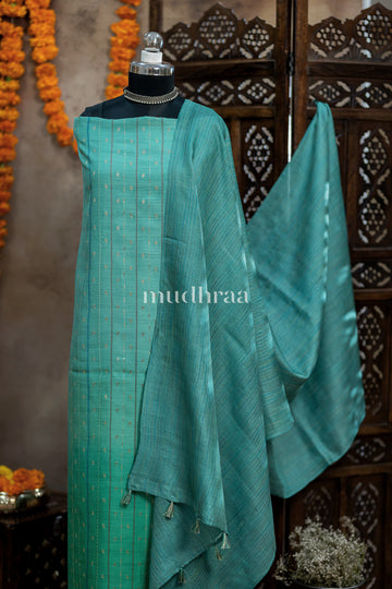BLUE GREEN HANDWOVEN MOONGA SILK SUIT