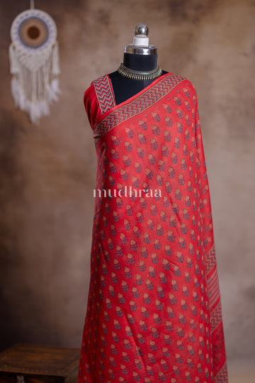 PINKISH RED HANDBLOCK PRINTED KOTA COTTON SAREE