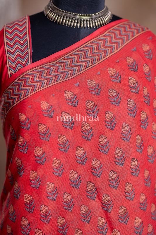 PINKISH RED HANDBLOCK PRINTED KOTA COTTON SAREE