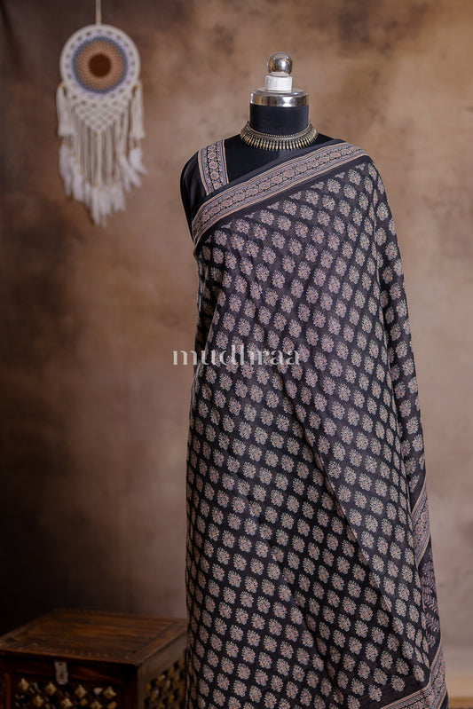 COAL HANDBLOCK PRINTED KOTA COTTON SAREE
